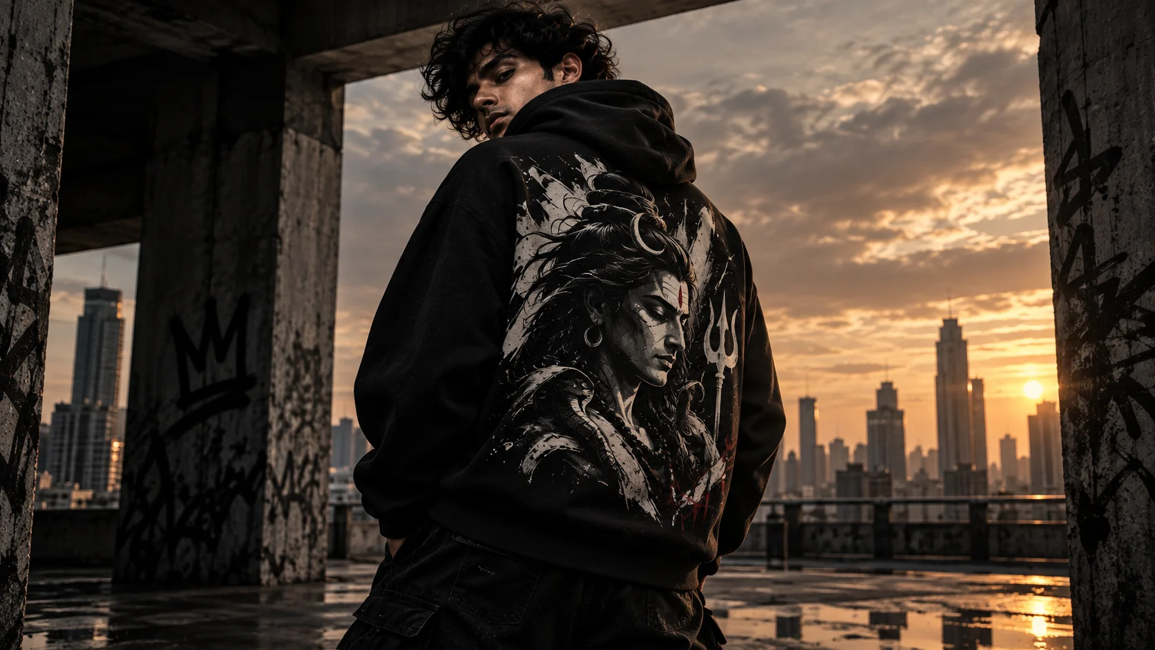 Model wearing a black Shiva graphic hoodie against the city at sunset