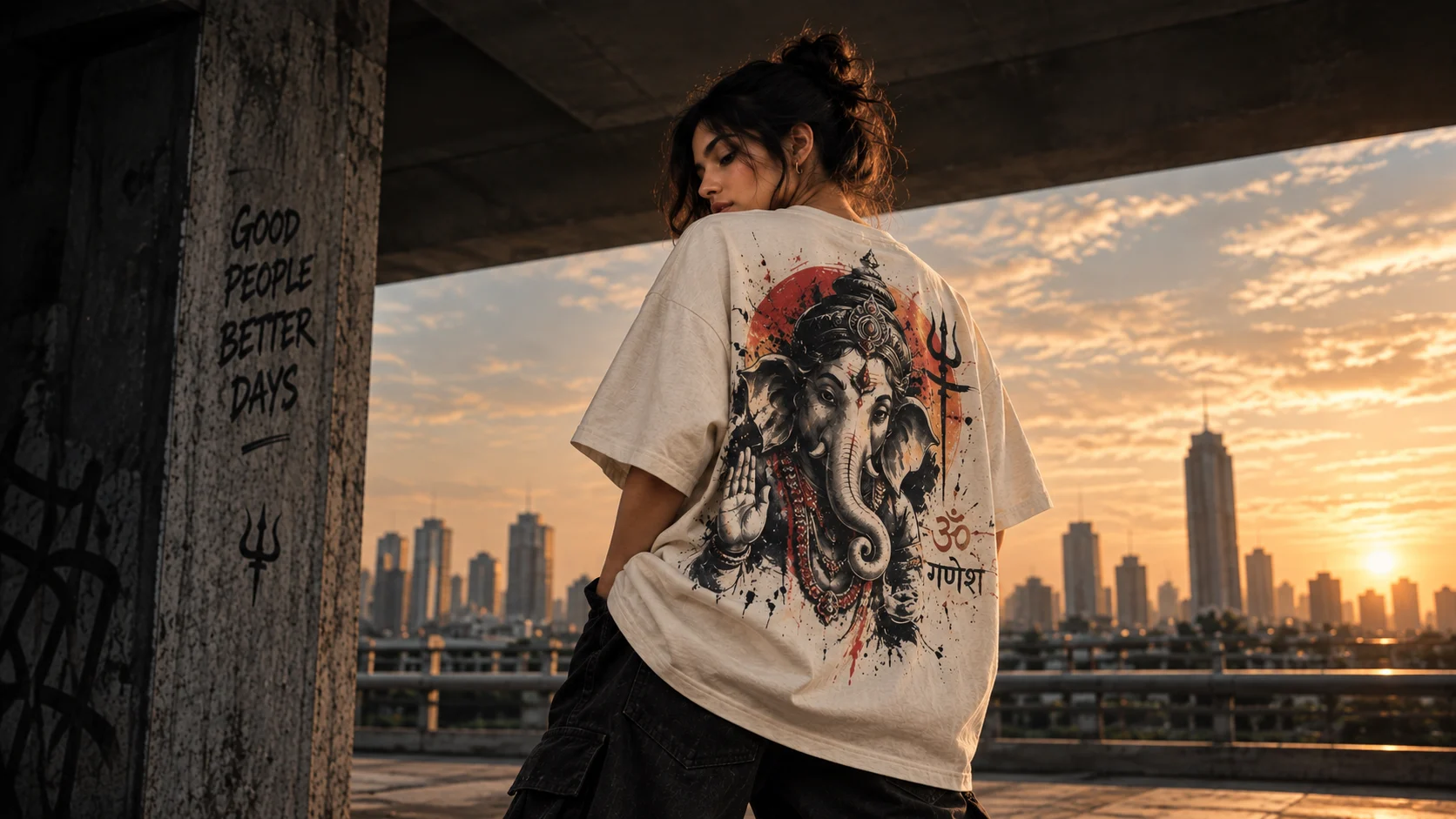 Model wearing a bone Ganesha graphic T-shirt against the city at sunset