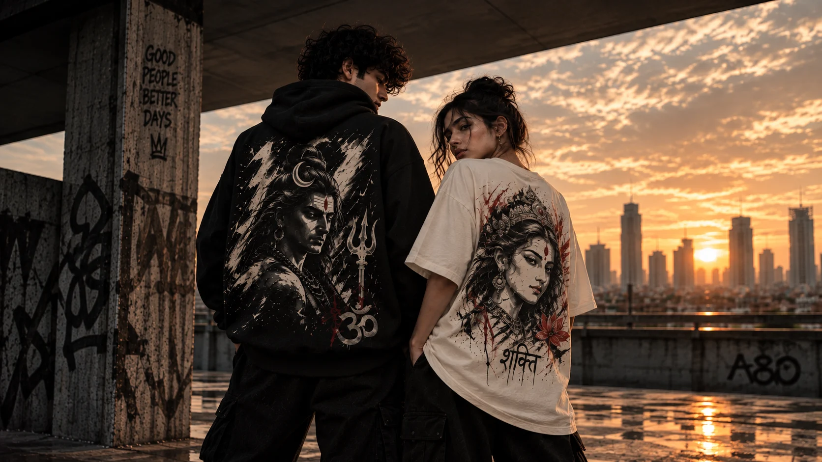 Two models wearing black and bone Indian mythology graphic streetwear