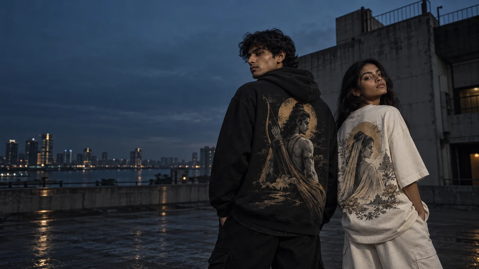 Models wearing black and bone Rama and Sita graphic streetwear on a Mumbai rooftop
